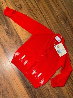 18-24m Vintage boys 1960s Bairnswear 100% wool Bright Red Knit Cardigan Sweater